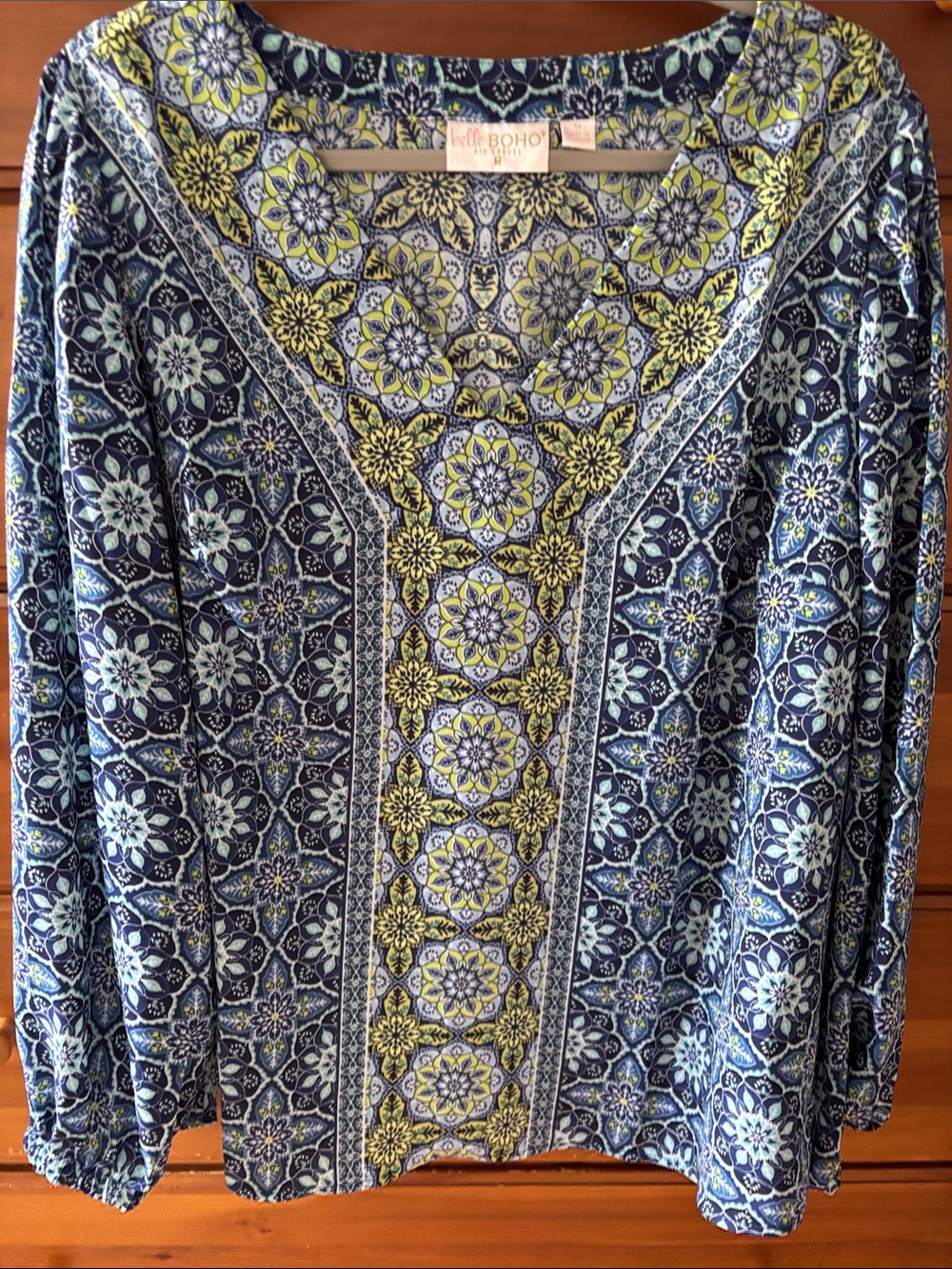 Belle by Kim Gravel Navy, Yellow and Light Blue Floral Medallion Long-Sleeve Tee